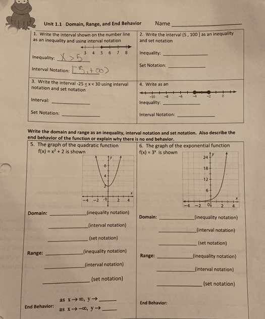 1.1 Domain Range And End Behavior Practice Worksheet Answers