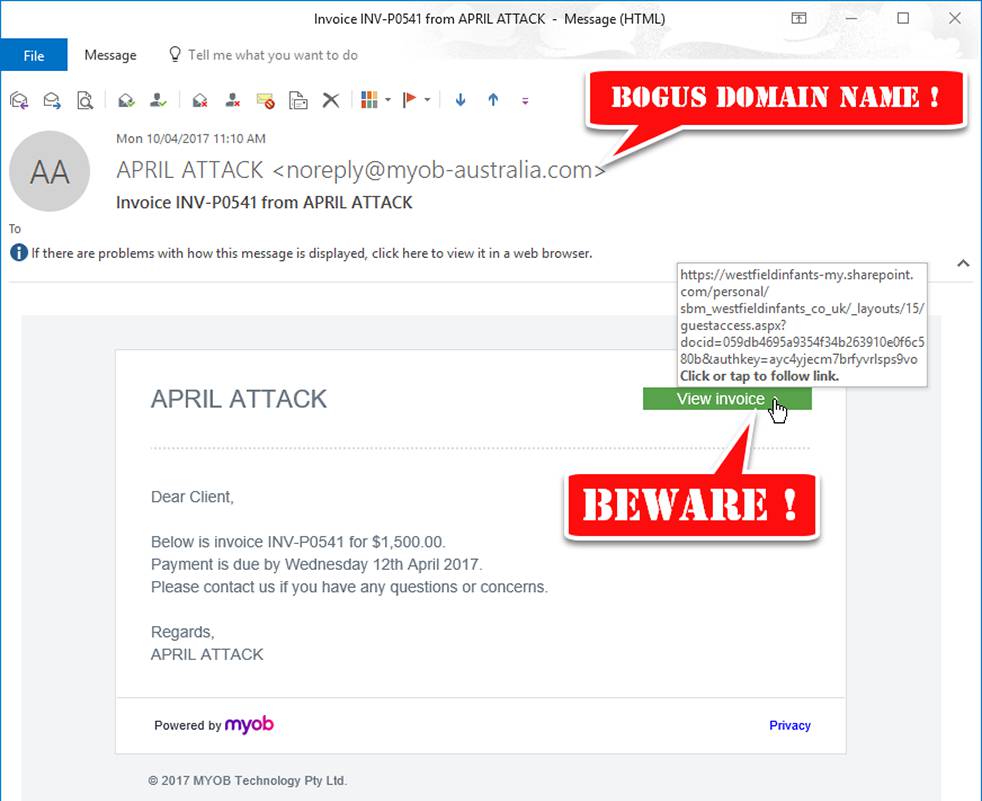 Fake MYOB Invoice Phishing Emails