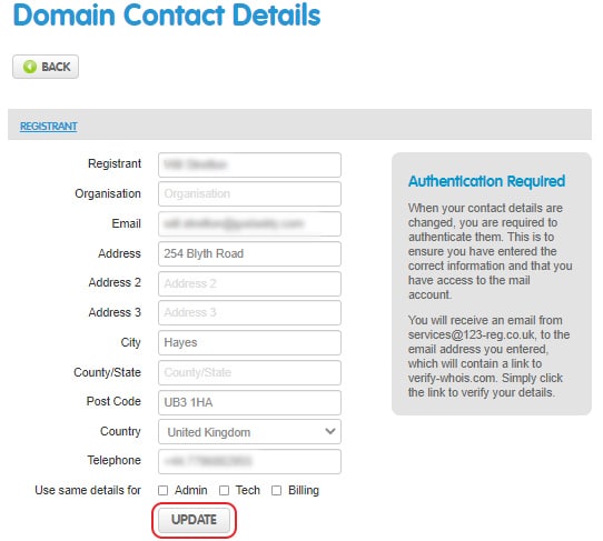How to change the admin contact for a domain