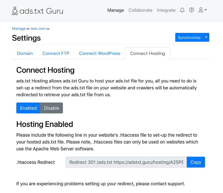 Manage: Domain: Settings: Connect Hosting