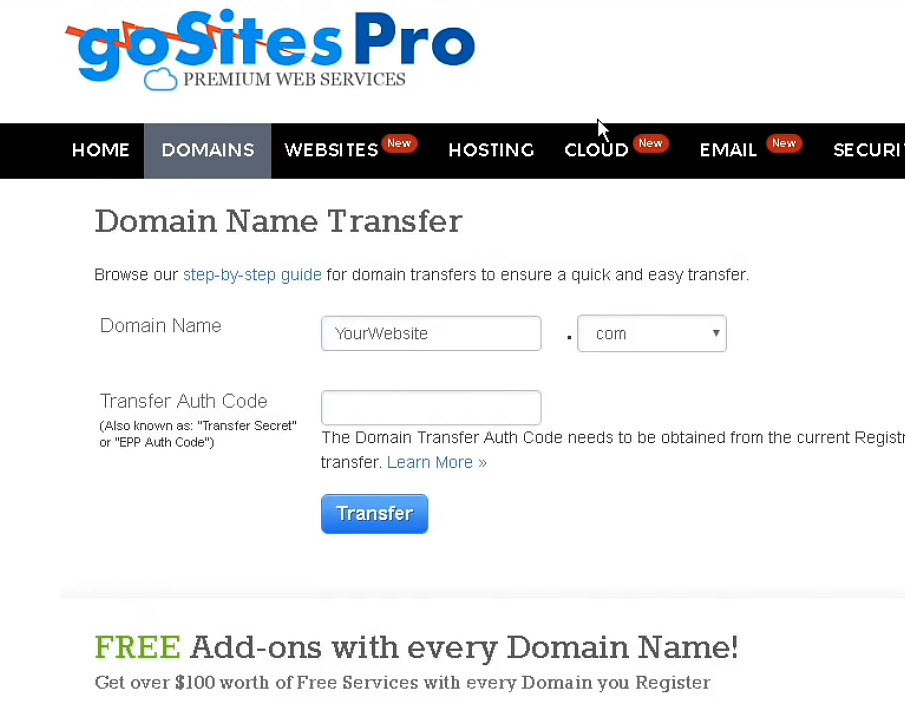 Transfer Your Domain Name From Your Registrar to goSitepro.com